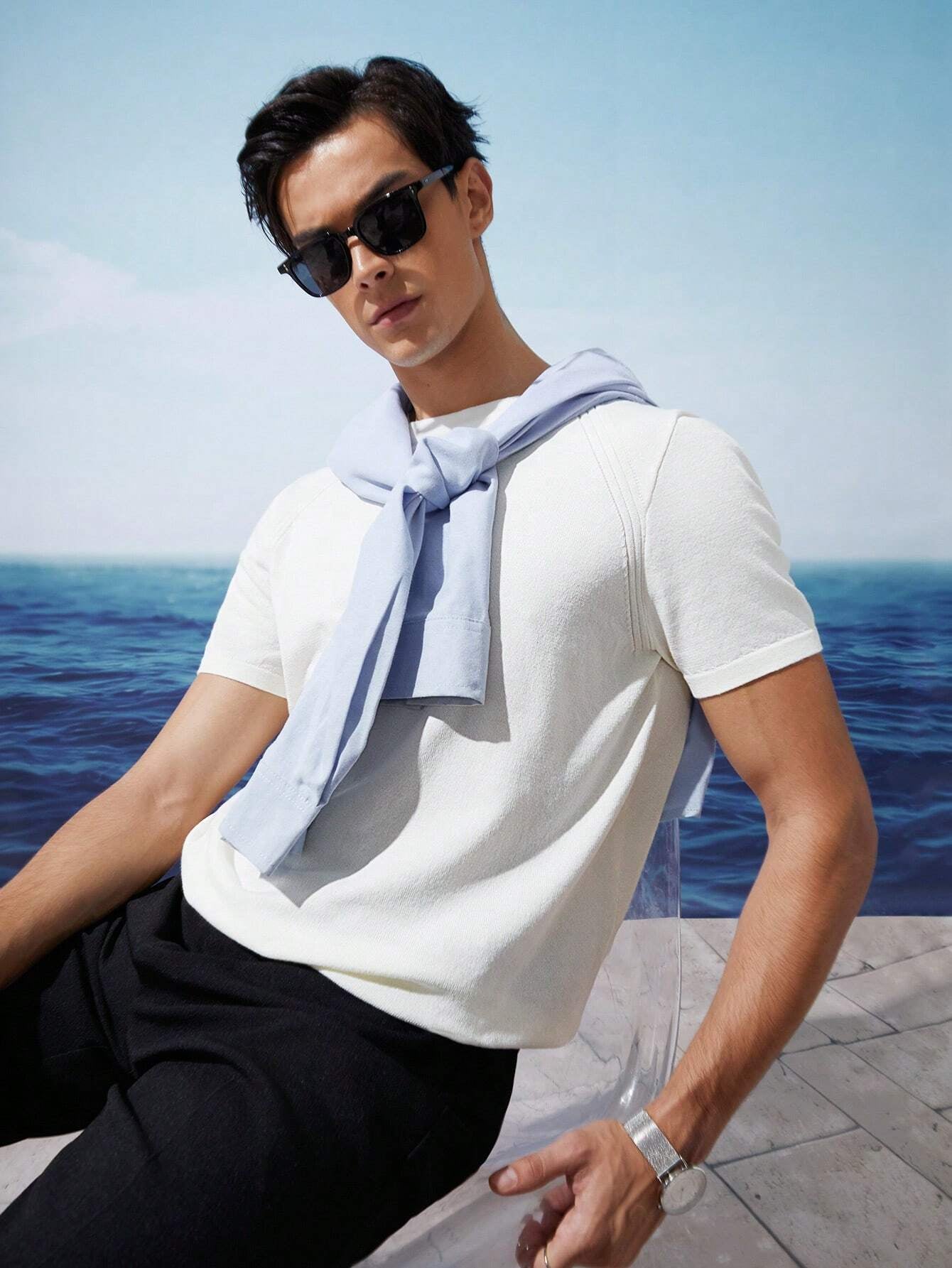 Sonder Blue Men'S Summer Casual Solid Color Short Sleeve Knitwear Top